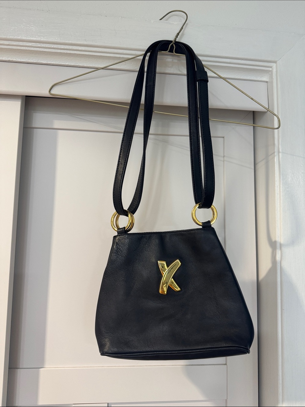 Vintage Paloma Picasso Black Leather Shoulder Bag with Gold Accent